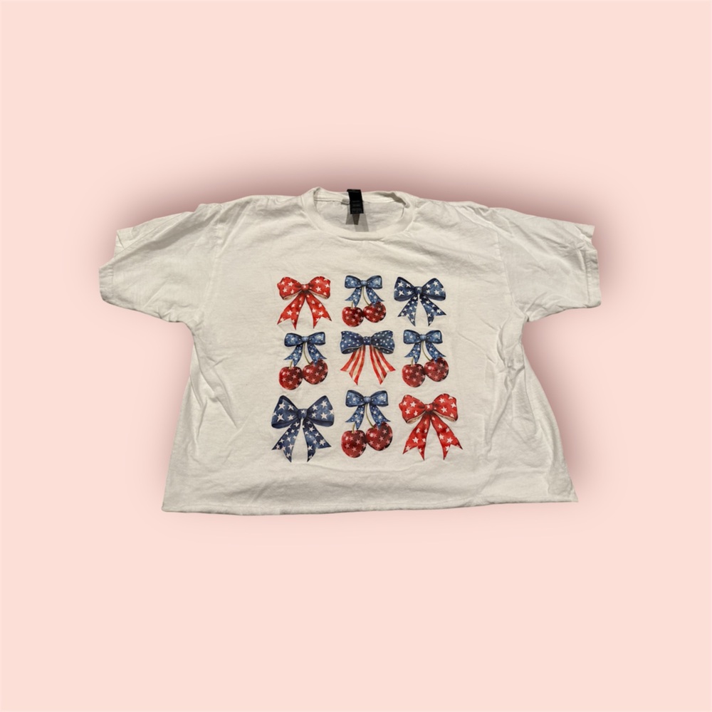 Gildan Classic youth large White T-Shirt with patriotic bows and cherries.
